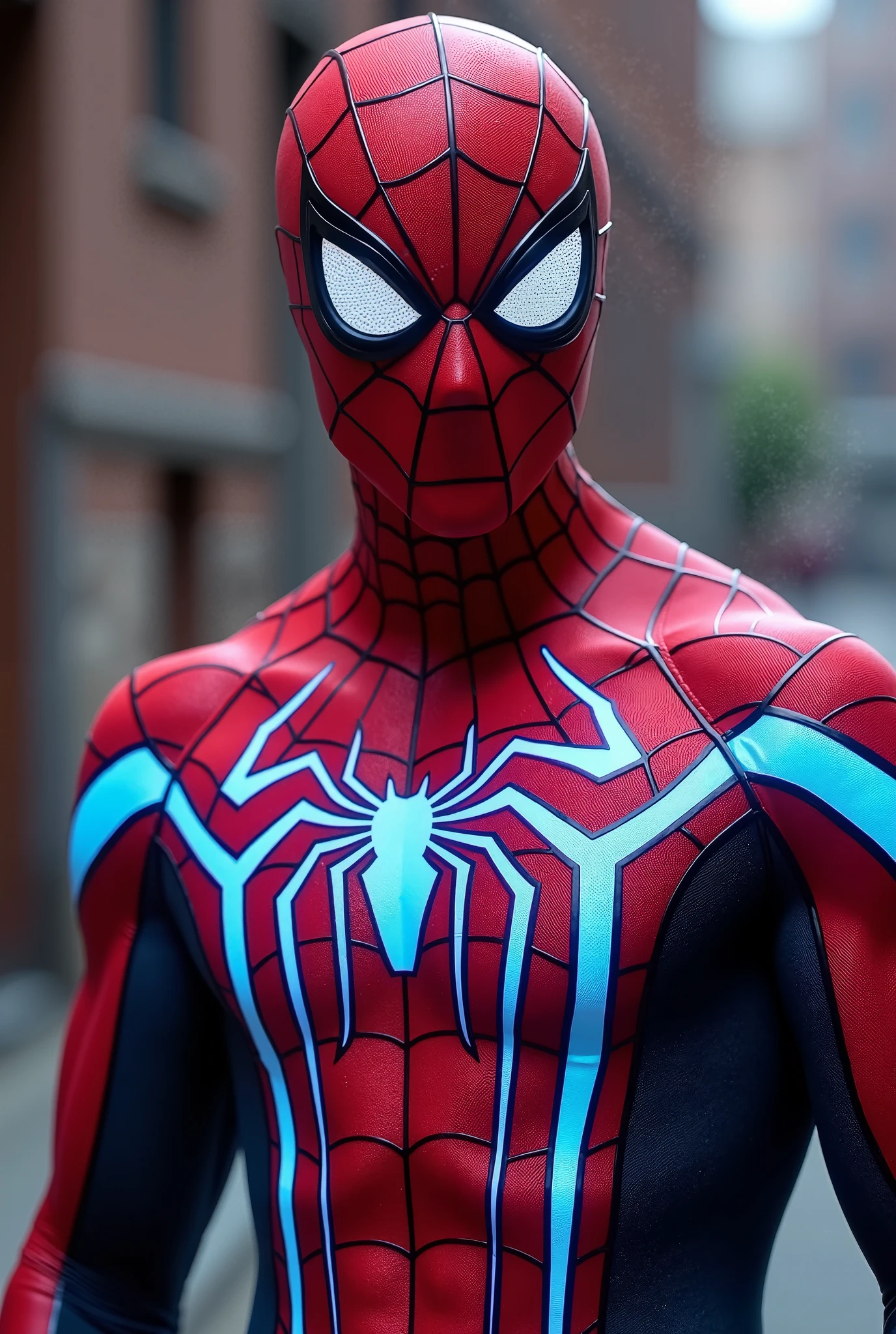 Un spiderman con un traje Predominantemente azul con franjas rojas que recorren los brazos y las piernas, The suit has a large spider emblem on the chest that glows an electric blue hue, a Mask Equipped with expressive white lenses
