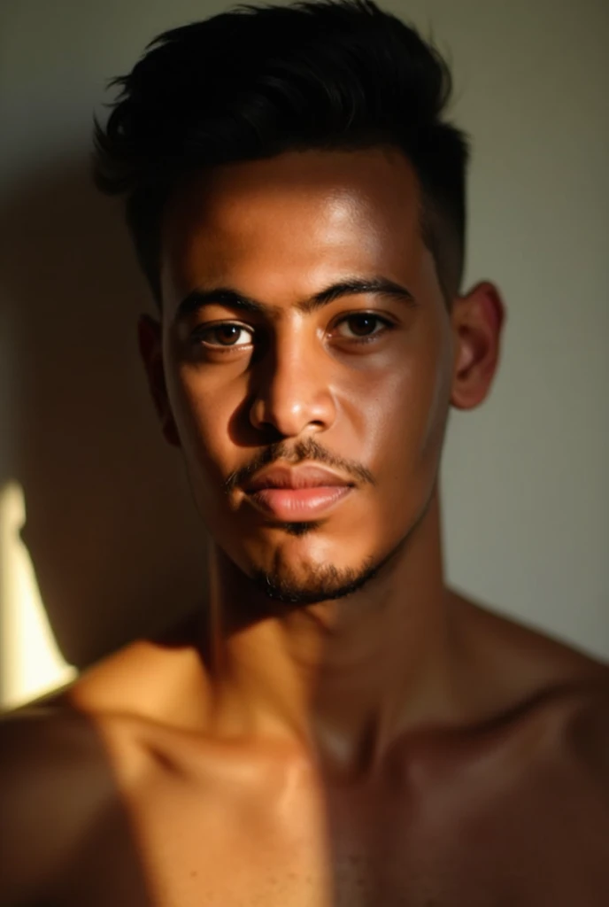 photograph of a beautiful man with black curly hair and a beard, he is naked, he is sitting sideways on a chair, leaning over a bench, professional photography, sensual gay shoot, photography with studio lighting in a dark environment, high resolution