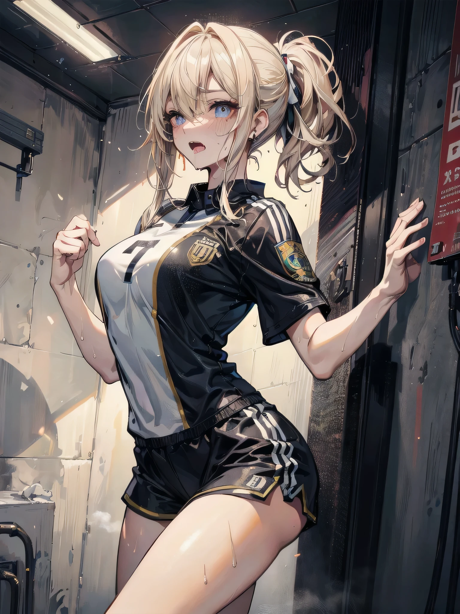 1womanl,12year old,Golden head hair,Beautiful ponytail hairstyle, sports wear,White sports bra,Shorts small breasts,Sweaty sports bra,Leaking pee,My crotch is wet,lift up skirt,(Lift Jewelry:1.3),(Urination:1.4),(embarrassed:1.2)