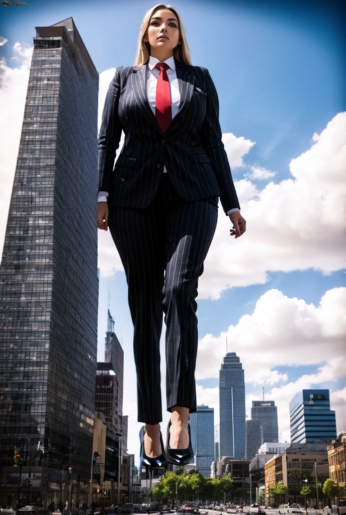 Looking up at the approaching young giantess, Giantess art, 500 miles tall giga giantess, young sophisticated and stylish goth woman in a black italian pinstriped trouser suit, form fitting crisp black office shirt, and a large wide black necktie in a windsor knot, with a beautiful, curvaceous figure, large natural breasts, and long wavey blonde hair, with a curvaceous figure and massive breasts. wearing blue rounded court high heels with uncovered feet and standing, rampage-like pose, with a city skyscrapers background of mega-city, skyscapers, partially obscured by a hazy, cloudy atmosphere. The image is a high-resolution, masterpiece-quality, cinematic, ultra-detailed, and hyper-photorealistic photograph, with perfect hands, face, and lighting. ultra-detailed, 8K, photo-realistic, hyper-realistic, masterpiece, intricate details, full body view. Looking at camera, The image is a high-resolution, masterpiece-quality, cinematic, ultra-detailed, and hyper-photorealistic photograph, with perfect hands, face, and lighting. ultra-detailed, 8K, photo-realistic, hyper-realistic, masterpiece, intricate details,