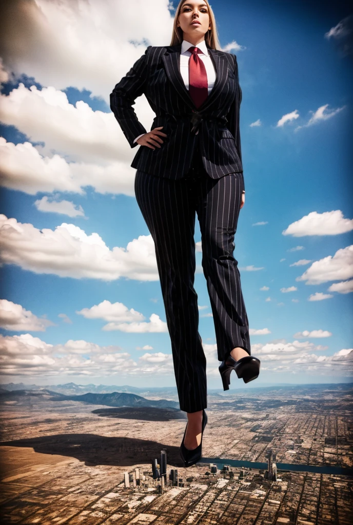 Looking up at the approaching young giantess, Giantess art, 500 miles tall giga giantess, young sophisticated and stylish goth woman in a black italian pinstriped trouser suit, form fitting crisp black office shirt, and a large wide black necktie in a windsor knot, with a beautiful, curvaceous figure, large natural breasts, and long wavey blonde hair, with a curvaceous figure and massive breasts. wearing blue rounded court high heels with uncovered feet and standing, rampage-like pose, with a city skyscrapers background of mega-city, skyscapers, partially obscured by a hazy, cloudy atmosphere. The image is a high-resolution, masterpiece-quality, cinematic, ultra-detailed, and hyper-photorealistic photograph, with perfect hands, face, and lighting. ultra-detailed, 8K, photo-realistic, hyper-realistic, masterpiece, intricate details, full body view. Looking at camera, The image is a high-resolution, masterpiece-quality, cinematic, ultra-detailed, and hyper-photorealistic photograph, with perfect hands, face, and lighting. ultra-detailed, 8K, photo-realistic, hyper-realistic, masterpiece, intricate details,