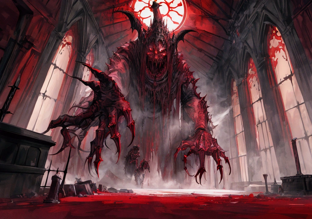 a beautiful detailed kitsune woman with long black fox ears and tails, glowing red eyes, highly detailed mature and curvy figure, large breasts, holding a towel, surrounded by a burning catedral full of charred corpses, terrifying smile with glowing red eyes, body covered in dark sinister stains, (best colors,extreme detail description,professional,horror,fantasy