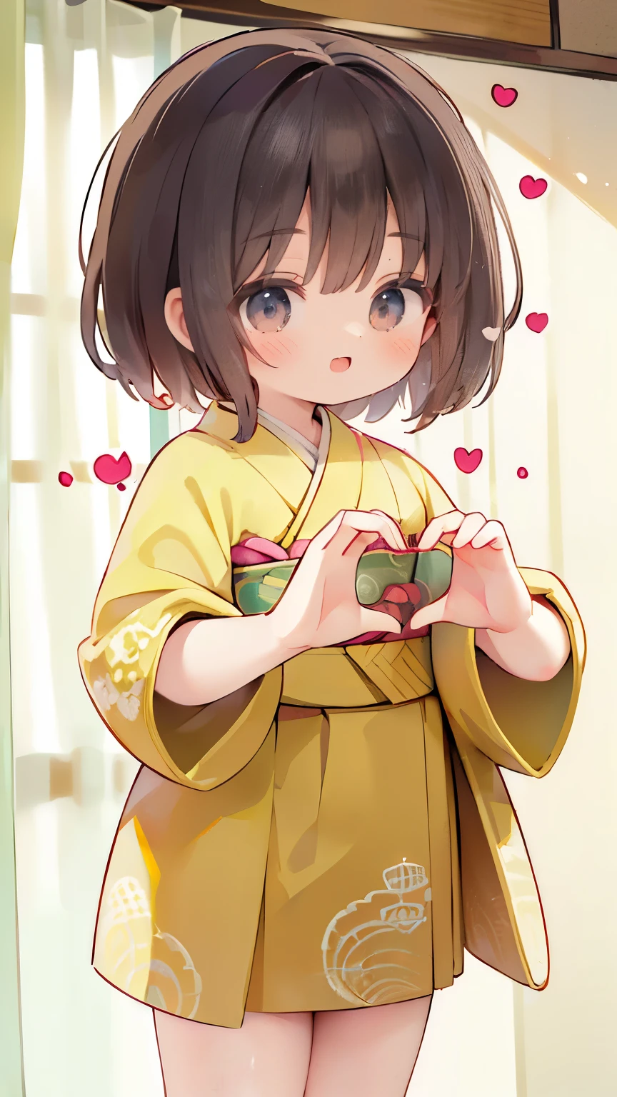 (masterpiece:1.2,  top quality , high res, very detailed),8k, wallpaper, young girl，Baby Face， short， toddler figure ， flat chest，1 person,((( ray tracing))),女の子1 person, Woman Standing ,Thighs,Front,look at me,((smile)), beautiful kimono ,Cute loincloth ,((( intricate designs and patterns inspired by Asian art))),((( Beautiful female hands , detailed hands ))),(((Heart Hands:1.5))),((( intricate designs and patterns inspired by Asian art)))