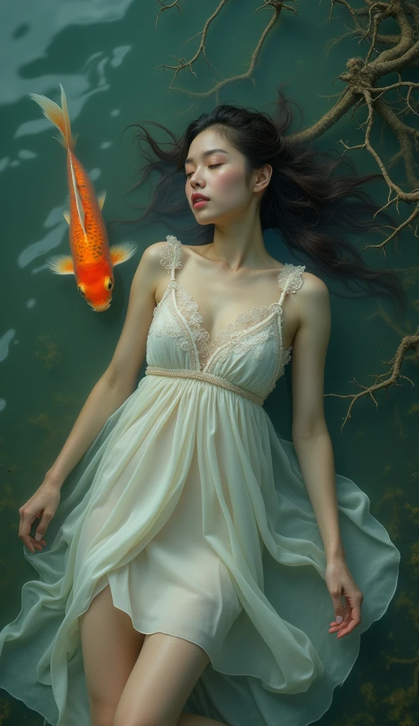 photo RAW, (Black and red : full body picture of a ghostly girl laying in the sea, the sea is black color, bird view, gold and black fishes around, pearls in the sea, highly detailed, intricate motifs, by Android jones, Januz Miralles, Hikari Shimoda, perfect composition, smooth, sharp focus, sparkling particles, Realistic,realism, hd, 35mm photograph, 8k), masterpiece, award winning photography, natural light, perfect composition, high detail, hyper realistic cinematic photo art RAW bird view of a girl in a white dress floating in the sea, blabk colored sea, waterdrops, divine, glass skeleton, skinless:3, biomechanical details, (black sea background), natural lighting, style of h. r. giger,(sharp focus, hyper detailed, highly intricate), . Extremely high-resolution details, photographic, realism pushed to extreme, fine texture, incredibly lifelike,35mm photograph,film,bokeh,professional,4k,