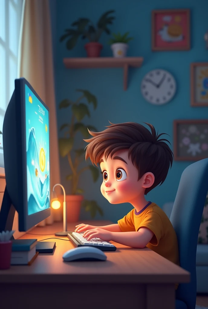 boy using laptop plugged in, At his side a mobile phone charging, tablet charging at his side; All these devices are connected to a single extension
