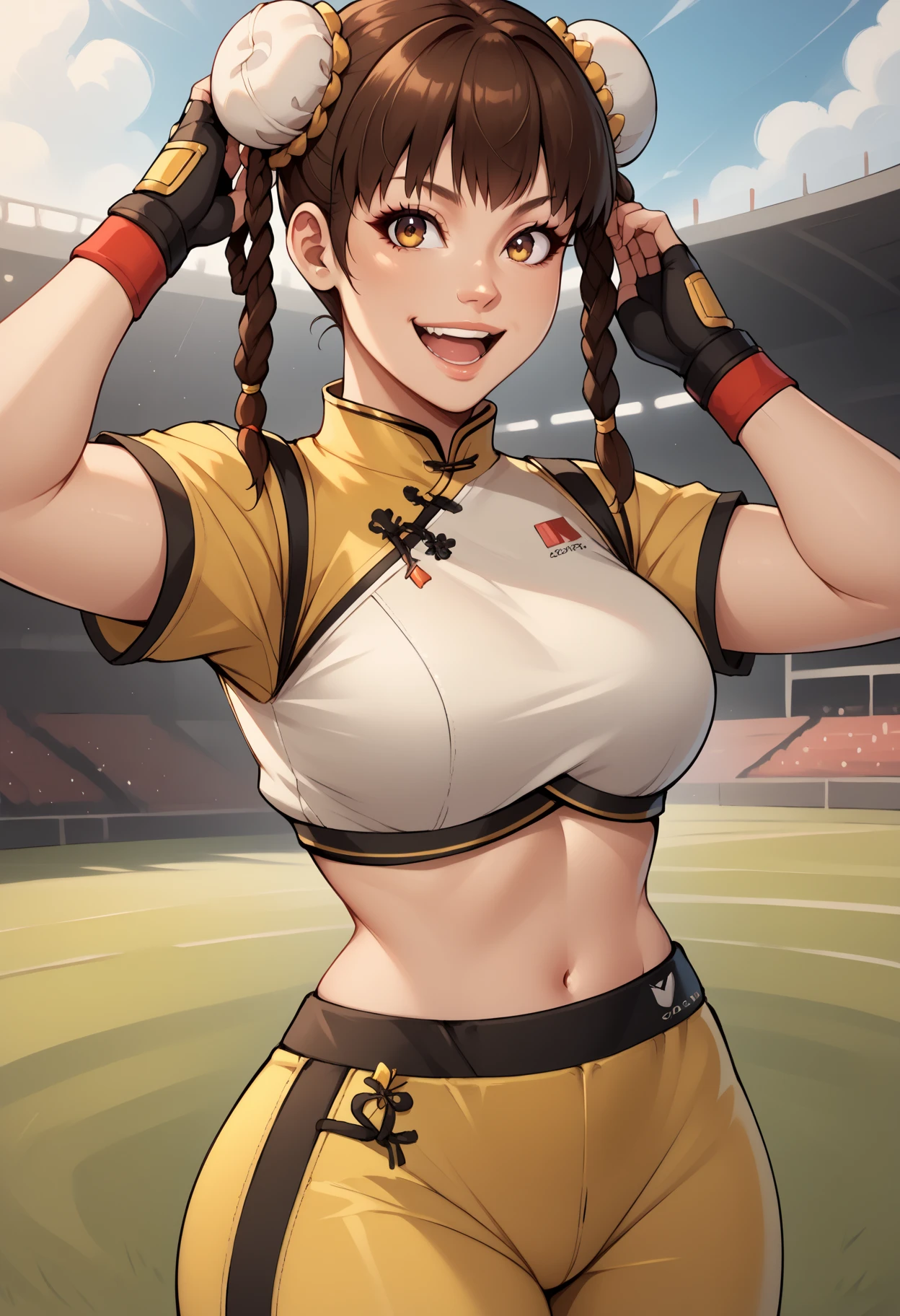 score_9, score_8_up, score_7_up, score_6_up, source_anime, BREAK masterpiece, LeiFangDOA, brown hair,  twin braids, double bun, bun cover, crop top, yellow leggings, short sleeves, fingerless gloves, breasts, smile, open mouth , upper body, adjusting hair , smile, parted lips, looking at viewer, stadium,