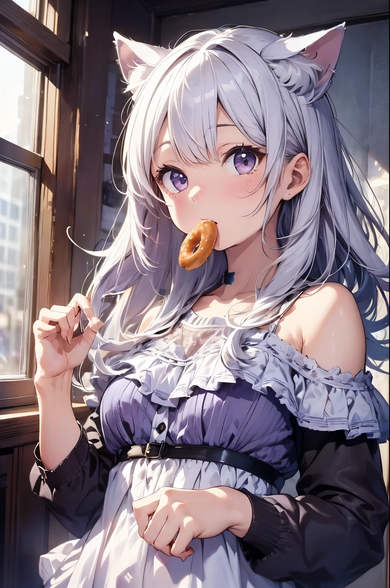 girl with、silber hair、Blue eyes、Lying on the futon、Crawl on your stomach、Eat katsudon、holding chopsticks