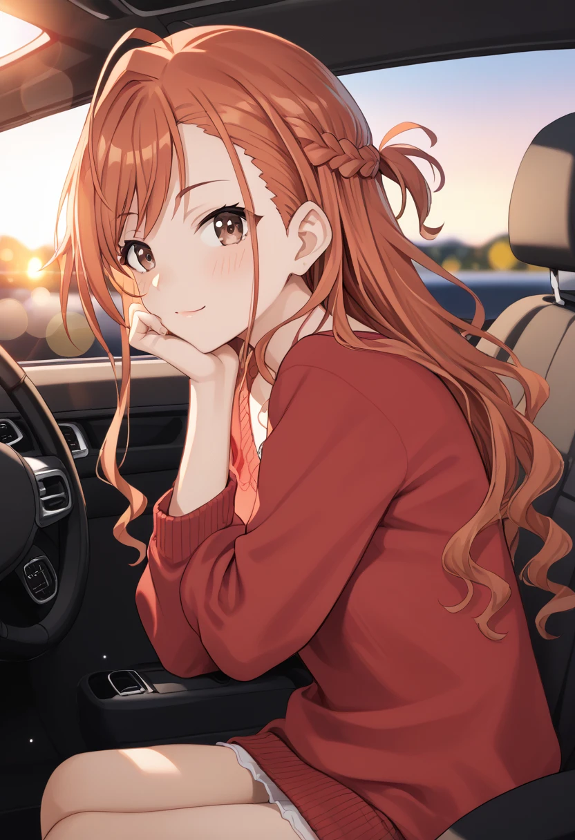 Arisugawa Natsuha,score_9, score_8_up, score_7_up, source_anime, arisugawa natsuha, 1girl, solo, long hair, looking at viewer, long sleeves, closed mouth, jewelry, sitting, brown eyes, ahoge, braid, orange hair, blurry, depth of field, wavy hair, motor vehicle, lens flare, half updo, head rest, red sweater, bokeh, car interior, steering wheel