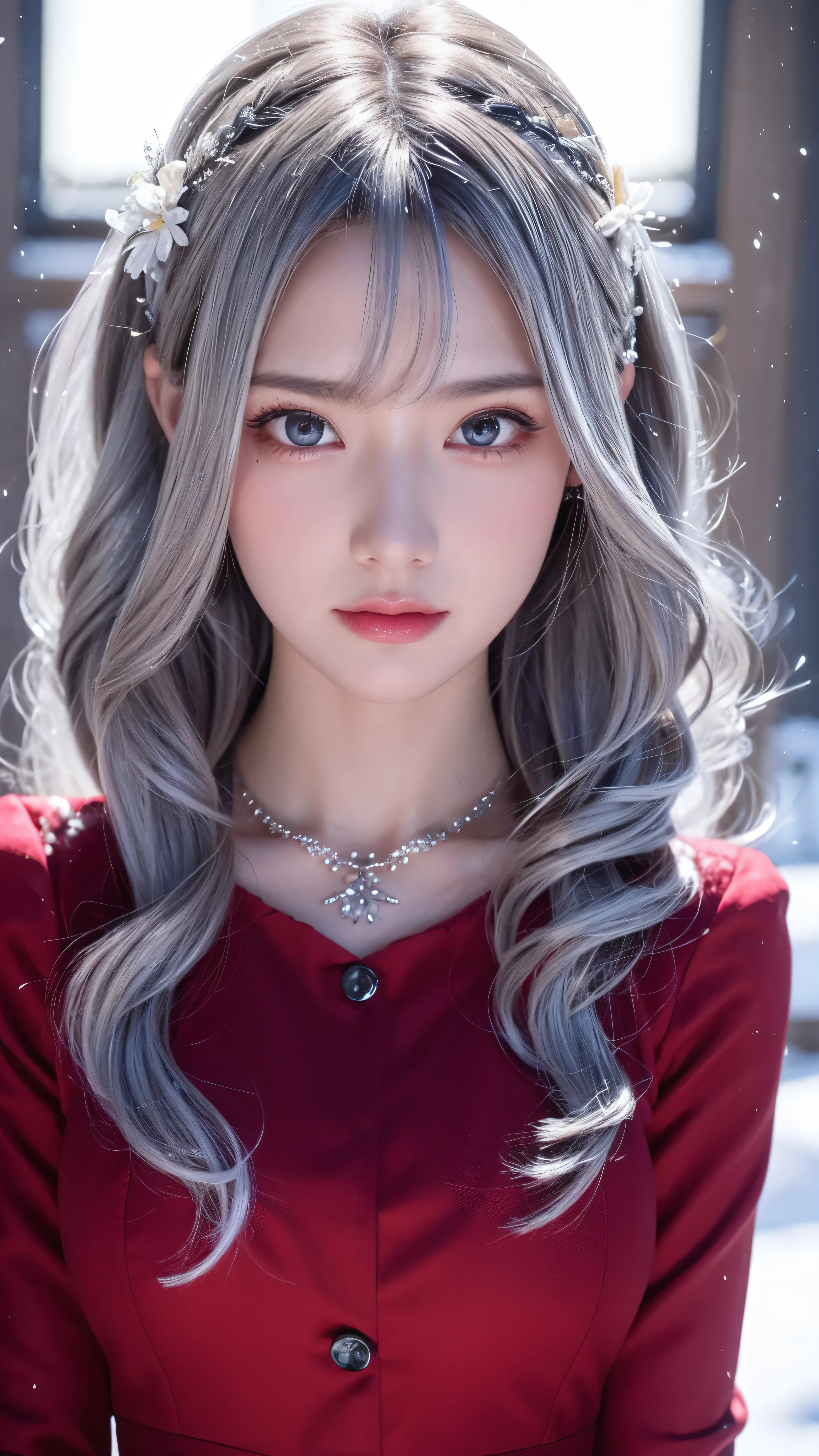 {{masterpiece}}, top quality , very detailed,  very detailed CG unity 8k wallpaper, illustrations,  One girl ,  red eyes,  wavy silver hair  ,  face details, full body high quality image yellow muffler,  dress,  necklace,  hair flower , snow, ice,  full body , shot, face up,  very detailed, Center Frame , Sharp Focus,  viewers, Floating Hair,