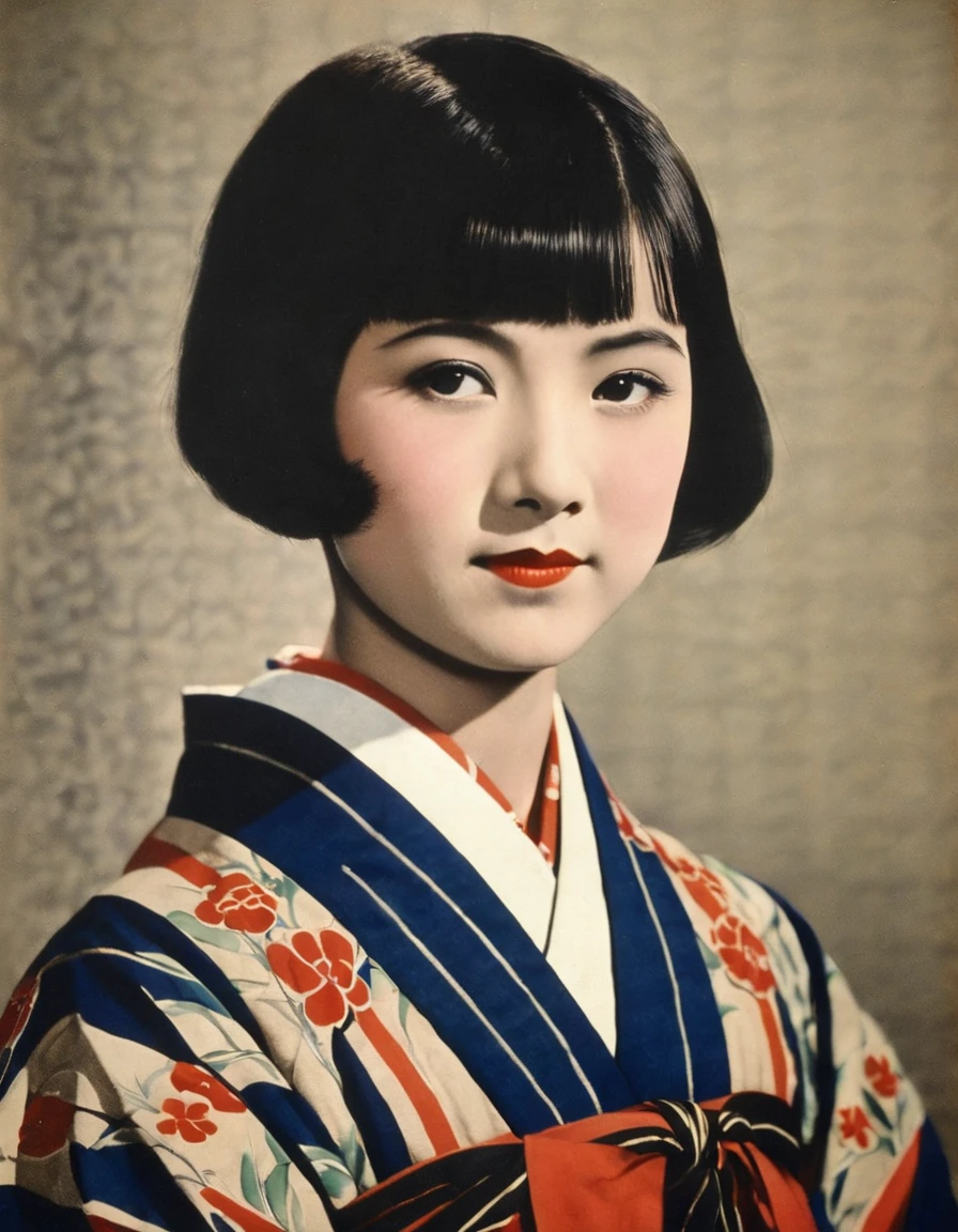 Highest quality、masterpiece,Retro image of a Japanese photo from the 1930s、 kimono,1 girl、In a dark room,portrait,short hair,straight hair,bangs