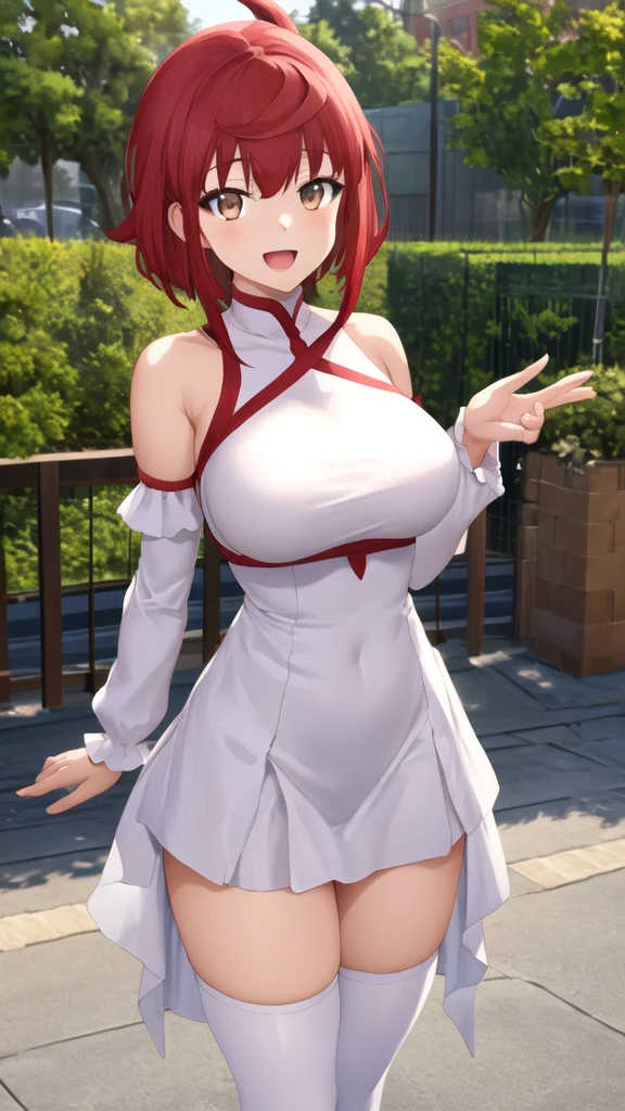 masterpiece, best quality, highres, girl, solo, looking at viewer, enjou_retto, Red hair, Brown Eyes, large breasts, white dress, detached sleeves, blue thighhighs, standing, outdoors, smile, open mouth,