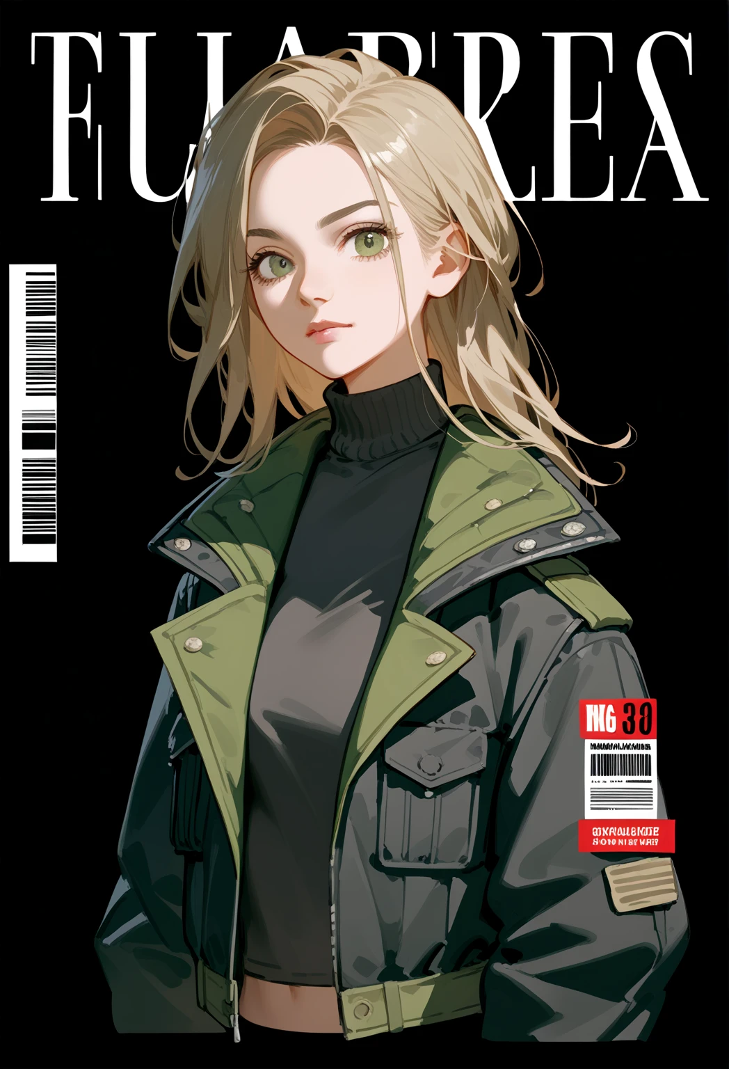 (masterpiece: 1.2, best quality), (1 lady, solo, upper body: 1.2),Detailed face, Black and white,, a girl in a black jacket and green Cargo pants standing, wearing Cargo pants, a green colored bomber jacket, Cargo pants , wearing dark green bomber jacket, black bomber jacket, black rugged clothing, cropped shirt with jacket, black pants, wearing a turtleneck and jacket, a girl wearing a black jacket, bomber jacket, black and green, white and black color scheme ((modern clothes)) Looking at the viewer, looking at the camera,,Magazine cover,a close up of a poster,black background, simple background