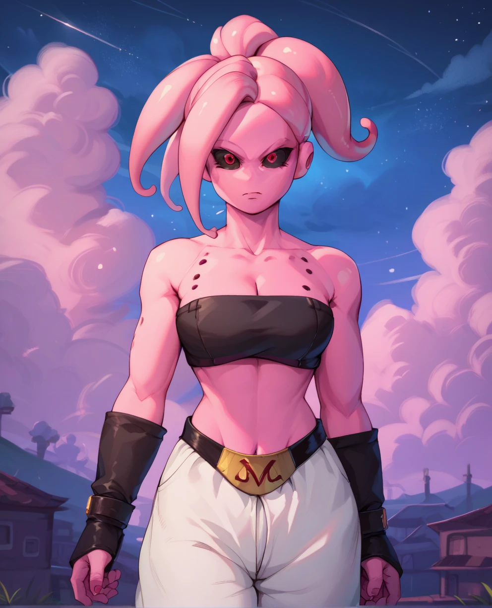 score_9,score_8_up,score_7_up,
femjinxl,pink skin,red eyes,black sclera,tentacle hair,pink ponytail,
white baggypants,belt,black tube top,midriff,cleavage,bare shoulders,m belt,
looking at viewer,
standing,night,cloudy sky,
solo,