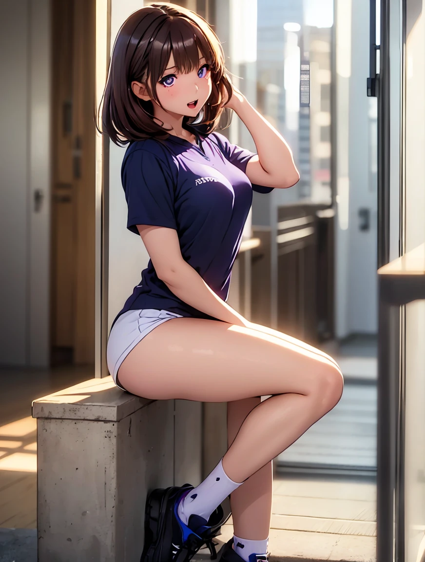    high res ,In 8K, best quality, Details, semi-realistic anime , D Anime Style , Smooth Anime CG , One Girl , 19-year-old Japanese woman, slim,modeling,((輝く瞳)),(Maroon Glowing Hair ), pink lips, Shiny brown hair, Detailsな顔,Beautiful and  Details,(( Deep Blue-Purple Sparkling Eyes )),( open your mouth ),(Laughter),Stand with Confidence，((Lagerman shirt ))，( determined expression ), dangerous and strong emotions , The sentence is bold and eye-opening，(( overall drama and excitement )), color palette is dark ,Bright colors scattered ，( Female Rugby Player ),( full of confidence)，express,(Thighs),((view from shoes))