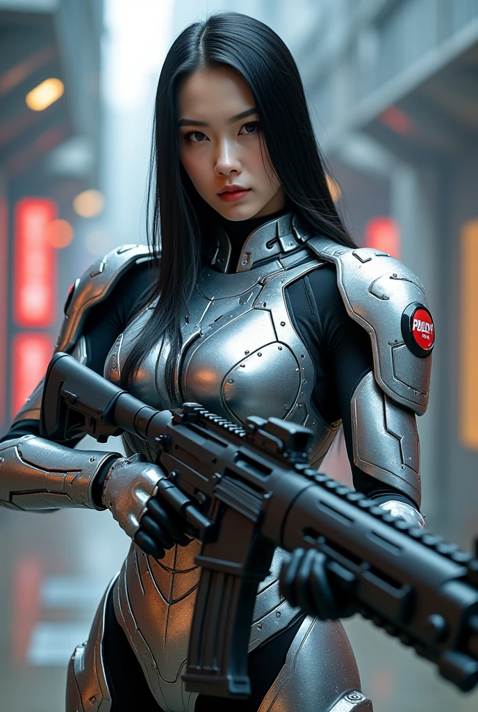 score_9, score_8_up, score_7_up, score_6_up,character_UI, Futuristic Chinese female soldier (Fan Bing Bing, Supermodel, extremely beautiful) in full heavy tactical armor (metalic shining silver, boots, tactical vest, Sci-Fi neon), police engraved, posing with a tactical assault cannon rifle, Sleek black long hair, perfect result, hyper realistic,mecha armour,Fantasy detailers,1girl