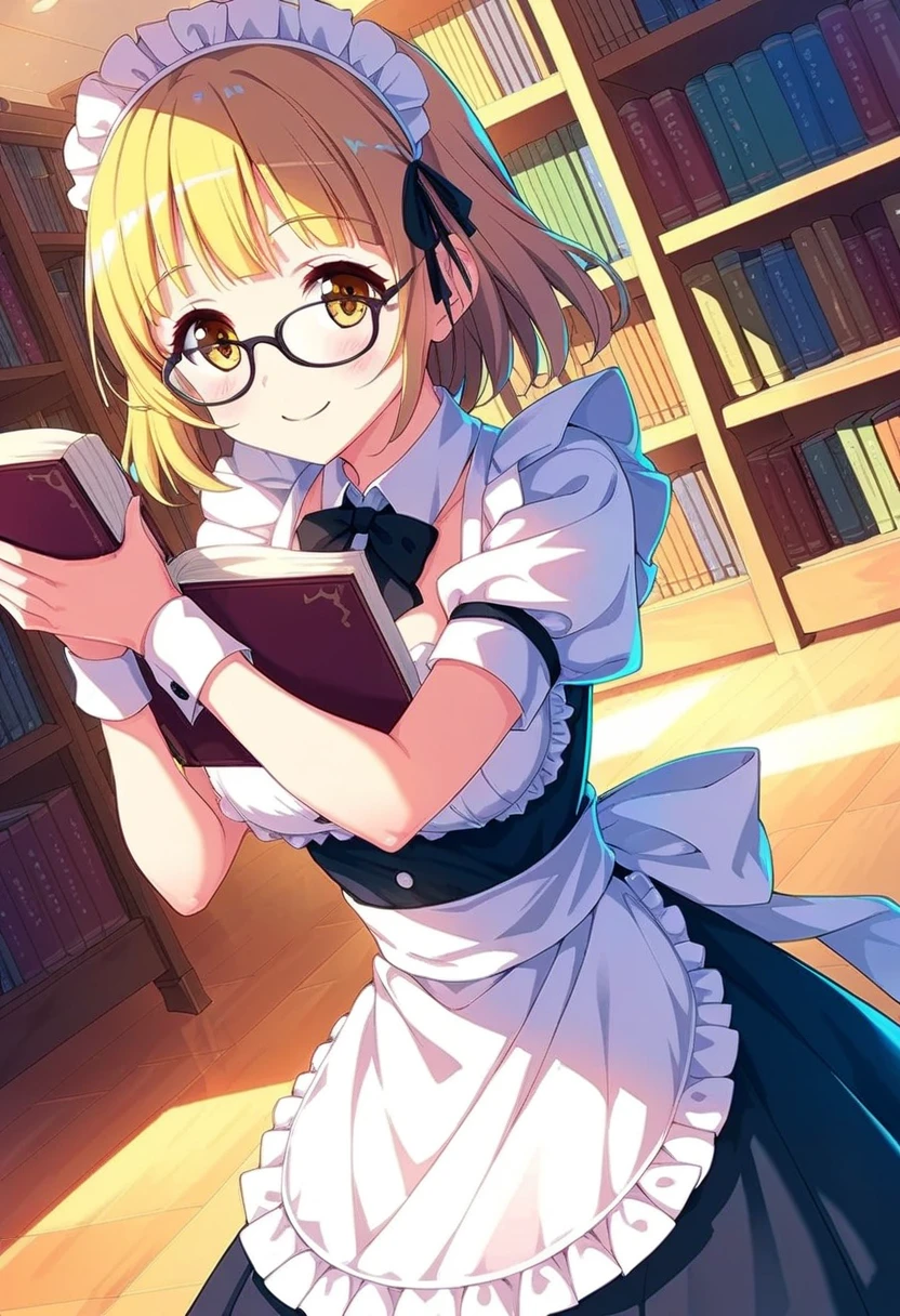 1girl, yuki mio, smile, Open thick book, library in background, Glasses, Thin Frame Glasses, maid dress, 