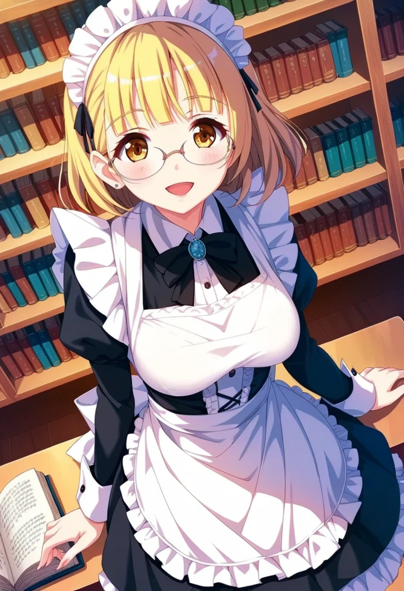 1girl, yuki mio, smile, Open thick book, library in background, Glasses, Thin Frame Glasses, maid dress, 