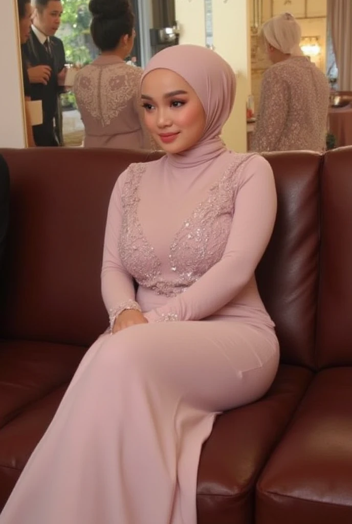 52 years Old, Hijab Indonesian mature woman, Large : 96.9, Gamis, Slim body, Breast about To burst out, at Studio Photo, Dark light, at NightTime
