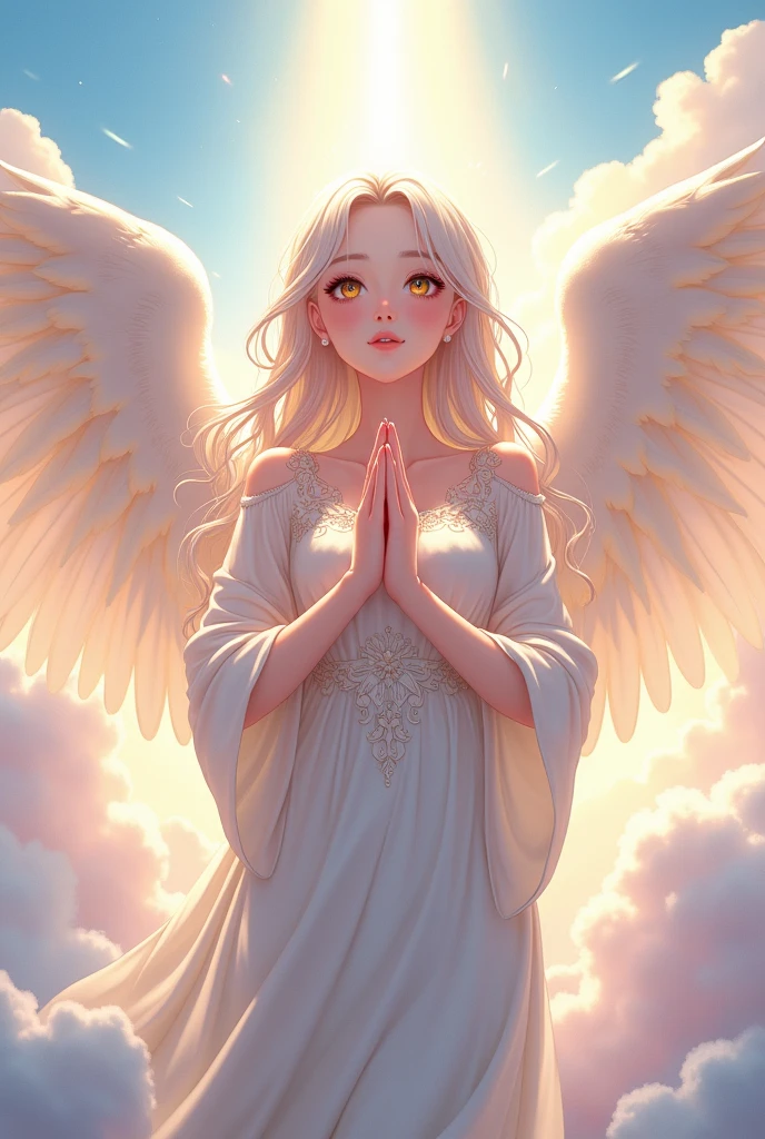 Body facing straight ahead looking at viewer, from above:1.2, cute baby angel, smile, big eyes, blonde, Neat and loose dress with sleeves, A dazzling light from behind, Angel wings on the back, Glowing space background, Prayer-like pose, Super realistic