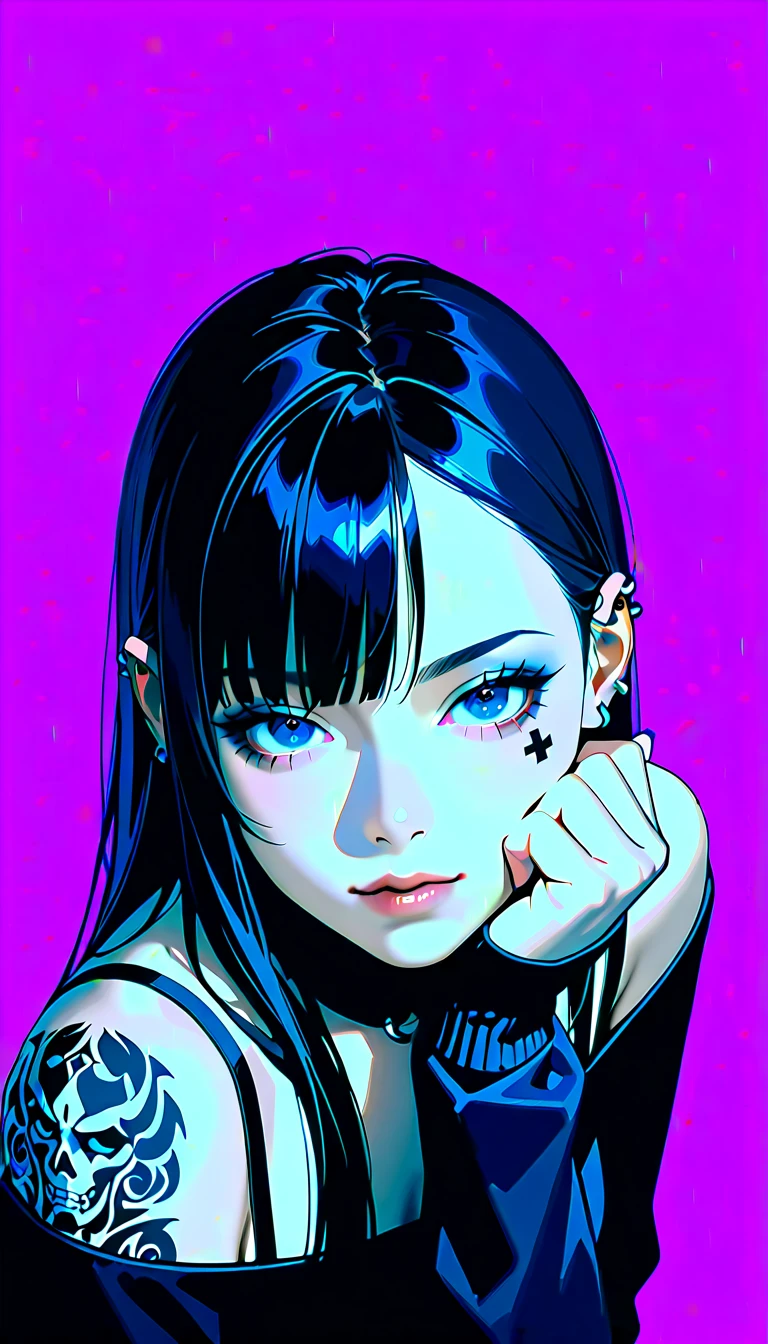  anime girl image:1.4,  a close up of a woman with tattoos on her face and body  ,  The bangs reach the eyebrows  ,  squinting eyes,  with long false eyelashes  ,  the head tilted slightly upwards  , With several piercings ;1,3 ,  wears black leather clothing with crosses like rings and piercings all over her ear , ,  shows a bare shoulder with tattoos  , pink background,  cyberpunk art inspired by Yanjun Cheng  ,  trend on CGSociety , Gothic art, hyper-realistic  cyberpunk style  , cyberpunk art style,  cyberpunk style  ，  hyperrealistic,  beautiful face of a cyberpunk girl  ,  artwork in the style of guweiz  , Cyberpunk themed art  , ross drawings 1  . 0,  ross drawings 2  . 0