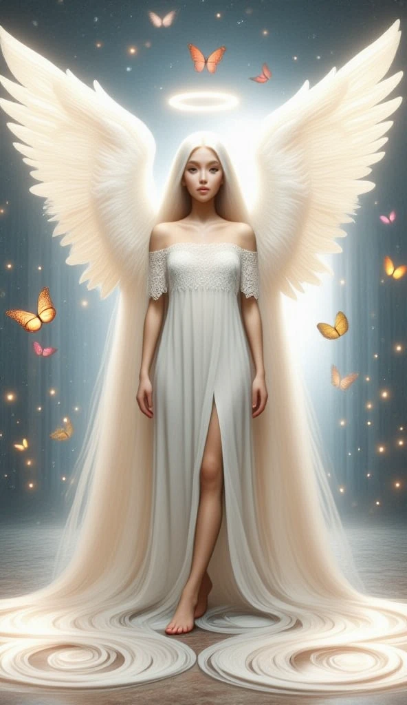 floor length hair, absurdly long hair, standing, angel, halo, white feathered wings, 20 year old woman, white hair, white eyes, realistic photograph, masterpiece, 32k, ultra high definition render, 