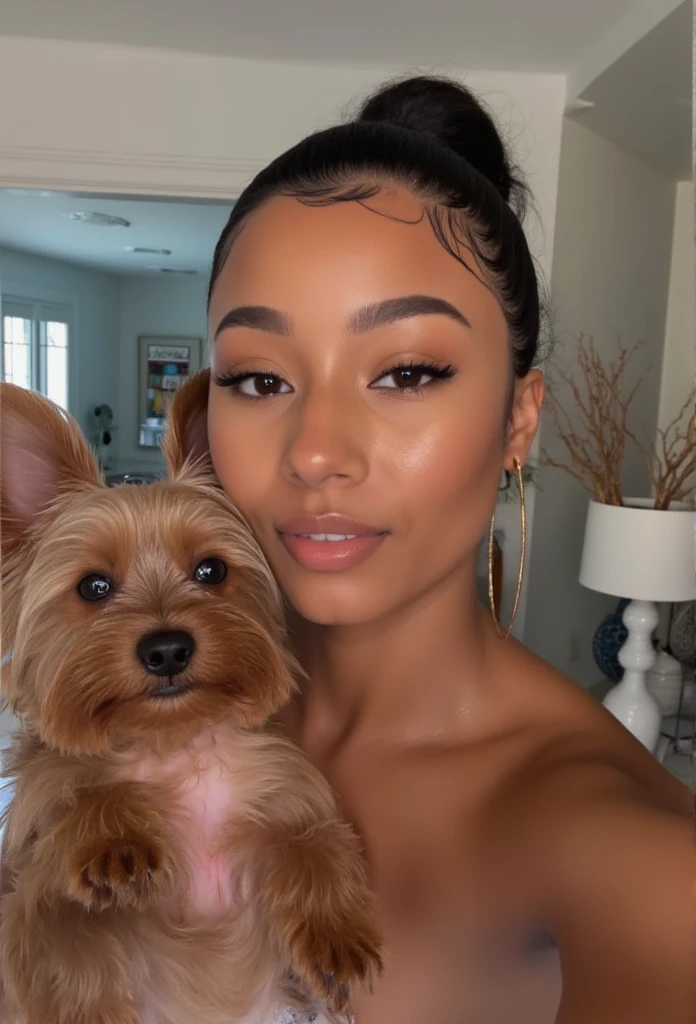 a picture of a slim thic pretty black girl from Atlanta black baddie girl with a video aesthetic with a nice define chiseled jawline with almond slanted shape eyes and she is taking a selfie at home with her Yorkshire terrier dog