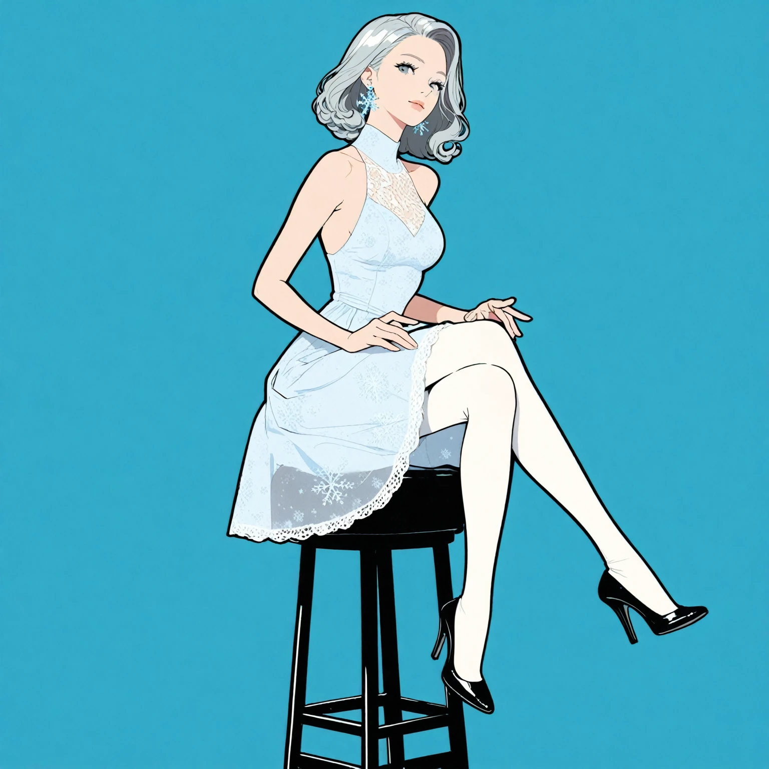 ((masterpiece)), ((top quality)), depth of field, high res, pops art style illustration, flat color illustration, vector trace illustration, not realistic, 2d shading, blue and black theme, 1 female, 24 yo, mature, cowboy shot, beautiful, charming, elegant, no smile, sitting on a stool, feminine gestures, perfectly detailed eyes, perfectly detailed face, perfect face, silver hair, medium bob hair, fluttering soft wavy hair, shiny gray eyes, thin lips, bare shoulders, (balanced hands and fingers), (beautiful hands and fingers shape), slim waist, wearing a chiffon dress over a white bodysuit, lace embroidered dress, snowflake earrings, white sheer stockings, pearl white heeled pumps, vivid blue background, simple background