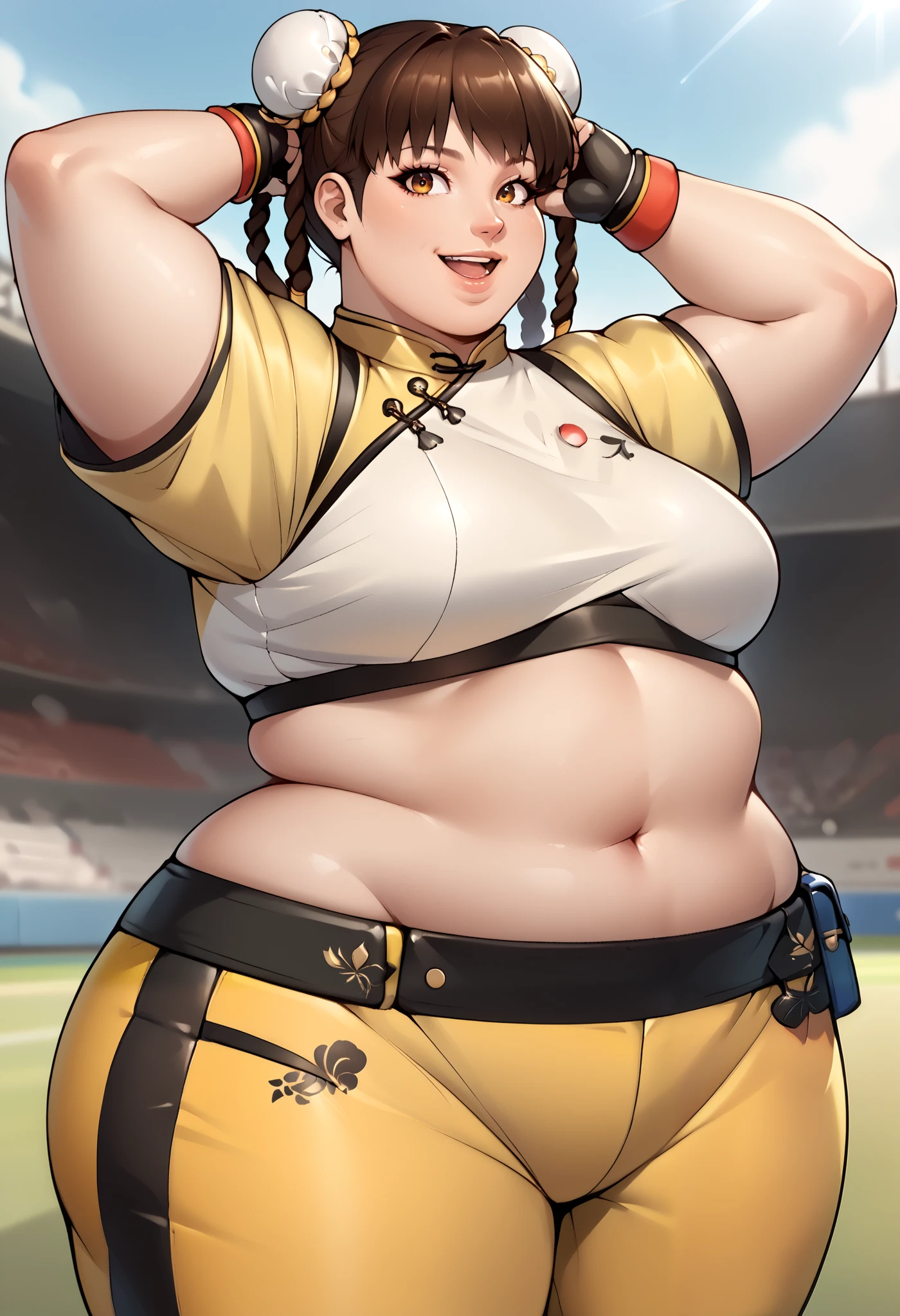 score_9, score_8_up, score_7_up, score_6_up, source_anime, BREAK masterpiece, LeiFangDOA, brown hair,  twin braids, double bun, bun cover, crop top, yellow leggings, short sleeves, fingerless gloves, breasts, smile, open mouth , upper body, adjusting hair , smile, parted lips, looking at viewer, stadium,