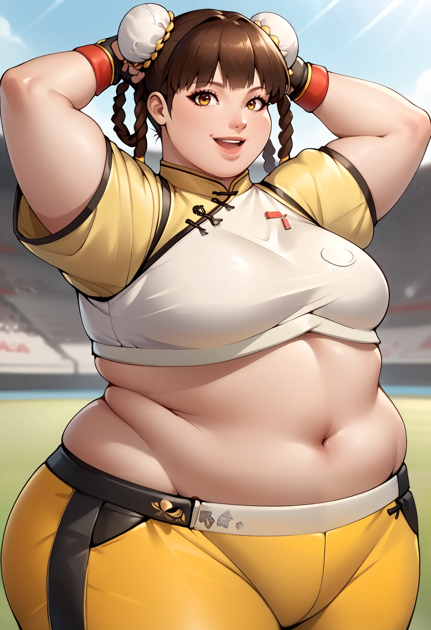 score_9, score_8_up, score_7_up, score_6_up, source_anime, BREAK masterpiece, LeiFangDOA, brown hair,  twin braids, double bun, bun cover, crop top, yellow leggings, short sleeves, fingerless gloves, breasts, smile, open mouth , upper body, adjusting hair , smile, parted lips, looking at viewer, stadium,