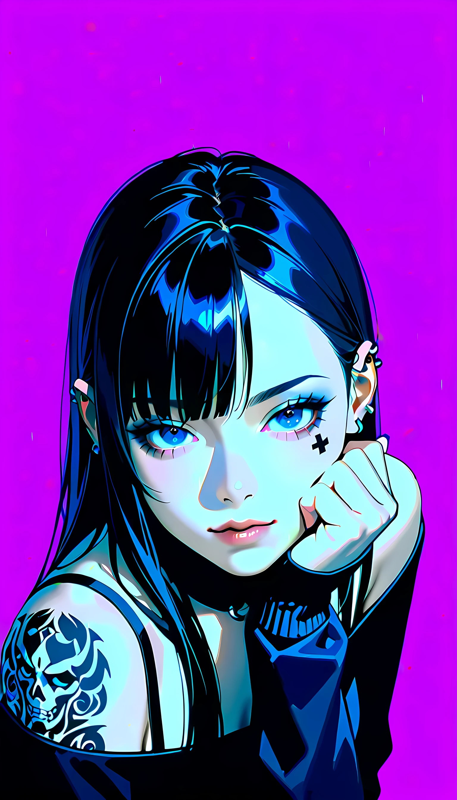  anime girl image:1.4,  a close up of a woman with tattoos on her face and body  ,  The bangs reach the eyebrows  ,  squinting eyes,  with long false eyelashes  ,  the head tilted slightly upwards  , With several piercings ;1,3 ,  wears black leather clothing with crosses like rings and piercings all over her ear , ,  shows a bare shoulder with tattoos  , pink background,  cyberpunk art inspired by Yanjun Cheng  ,  trend on CGSociety , Gothic art, hyper-realistic  cyberpunk style  , cyberpunk art style,  cyberpunk style  ，  hyperrealistic,  beautiful face of a cyberpunk girl  ,  artwork in the style of guweiz  , Cyberpunk themed art  , ross drawings 1  . 0,  ross drawings 2  . 0