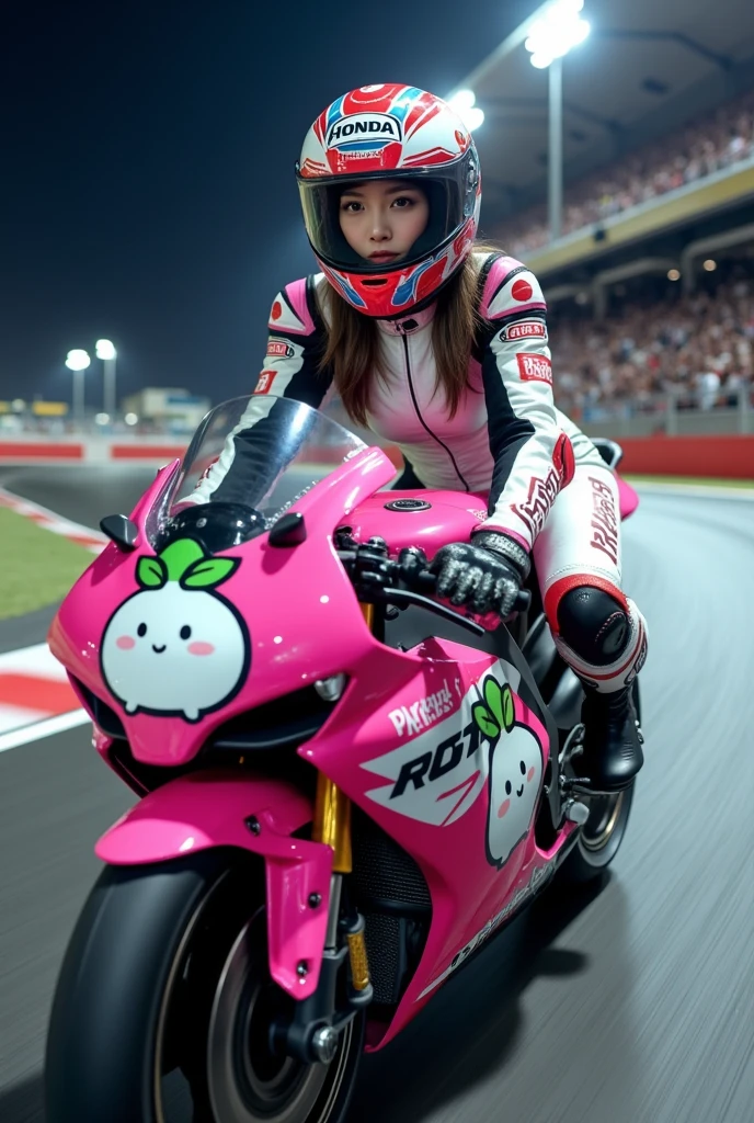 ultra-realistic, photorealistic, dramatic scene from the motorcycle racing competition, shadow, global-illumination, solo, very beautiful Japanese long haired woman, she is high school student but professional motorcycle racer, She is racing on the pink colored Honda's racing motorcycle, CBR1000RR, at the circuit at night, lots of spectators on the stand, wearing a very cute white daikon radish character printed pink with white colored leather racing suits, very tight fitting, wearing a fast-look patterned SHOEI full-face helmet with a transparent visor, beautiful detailed her eyes, the white daikon character that printed on the side of her motorcycle is 1 daikon\(large, very cute white daikon radish character, very cute smiled face, very detailed, chubby, full body\), (spot lighting), professional lighting, smile, 