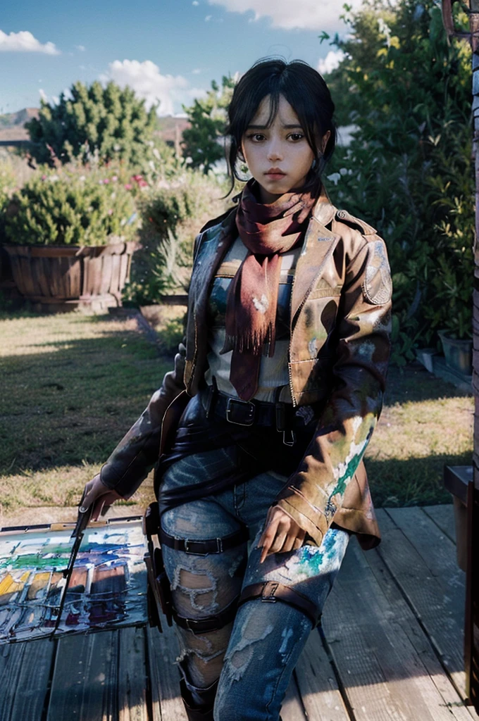 ( best quality,  masterpieces :1.4), ( Realism:1.2), (Realisitc:1.2), ( Abstract:1.2), (Realistic painting:1.3), 1 girl,Realistic skin, alone,(  very big eyes , beautiful and fine eyes, Symmetrical eyes), outdoor,Cowboy Shoot,Mikasa _Ackerman , Scarf ,  Jacket ,  Paradise Soldier Uniform, belt, Leg strap