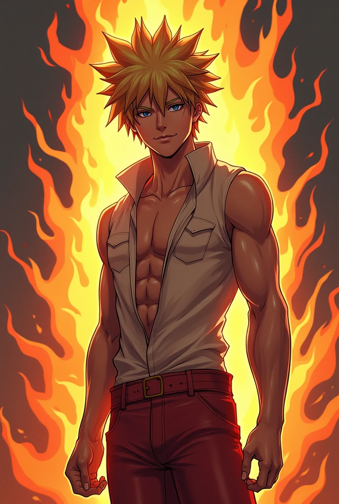 19-year-old boy with a muscular body, amber eyes, clear and smooth skin, short blonde hair, tall, wearing only shorts and no shirt, with grey energy aurond.