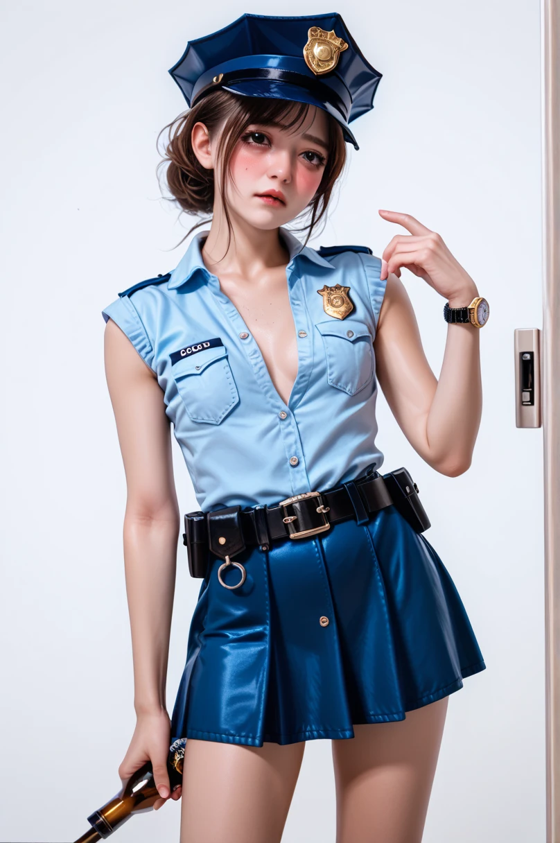  One girl ,Achika Lisa,( viewers:1.0),( slender body:1.2),(Blushed face:1.0),real skin ,small breasts,  shiny hair ,  Super Detailed Black Eyes,( Equipped Police Belt :1.5),( watch ),( frontal shot:1.2),24K,(Standing in a sexy pose:1.2),(Drunk:1.2),(Surprised:0.5),(mini length police skirt:1.2),(rolled up sleeveless police shirt ),Captivating thighs,( unmanned white background in the center of the screen:1.5),(Naturally :1.0),(( real:1.0)),(( realistic :1.0)),((Piece on chest :1.5)),(( cowboy shot:1.5))