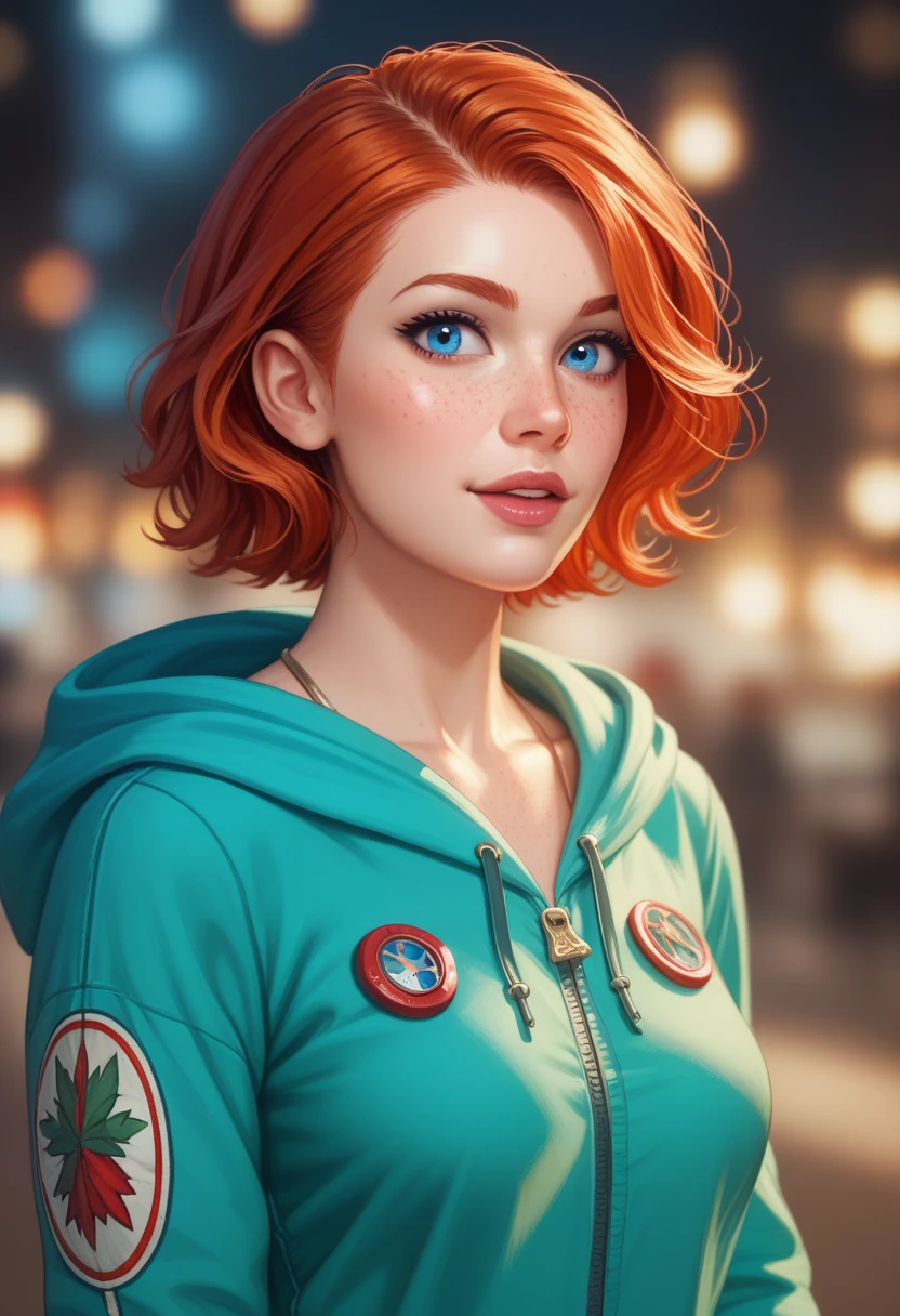 (realistic oil art, image up to the waist, 20-year-old princess, Norwegian, blue eyes, vibrant look, redhead, short hair), ezio auditore tunic, hooded, black, brown, red details, ornaments, freckles on 10% of the cheekbone, perfect face, critical camera, blurred background, warm light, more details in clothing, strong leftovers, mystery pose