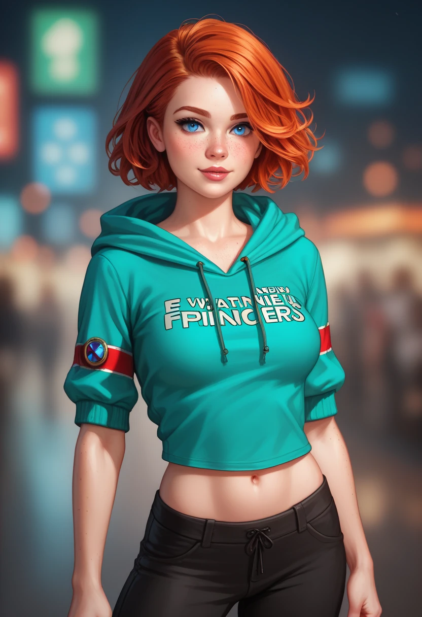 (realistic oil art, image up to the waist, 20-year-old princess, Norwegian, blue eyes, vibrant look, redhead, short hair), ezio auditore tunic, hooded, black, brown, red details, ornaments, freckles on 10% of the cheekbone, perfect face, critical camera, blurred background, warm light, more details in clothing, strong leftovers, mystery pose