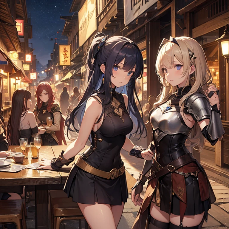 A group of female medieval fantasy adventurers, (in tavern), various hair styles, harem, night, details face, short skirt, seducing, sleeveless, armor