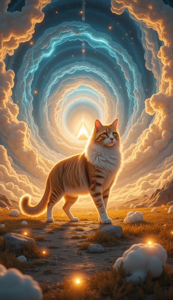 A dreamlike vision of the Egyptian afterlife, with golden fields stretching endlessly under a starlit sky. A majestic cat walks gracefully, surrounded by glowing spirits and celestial orbs. A distant pyramid glows faintly, adding an ethereal touch to the scene. The atmosphere is otherworldly, with soft blue and gold lighting enhancing the mystical effect. Intricate details, 8k resolution, cinematic scene, shallow depth of field, and surreal lighting effects.