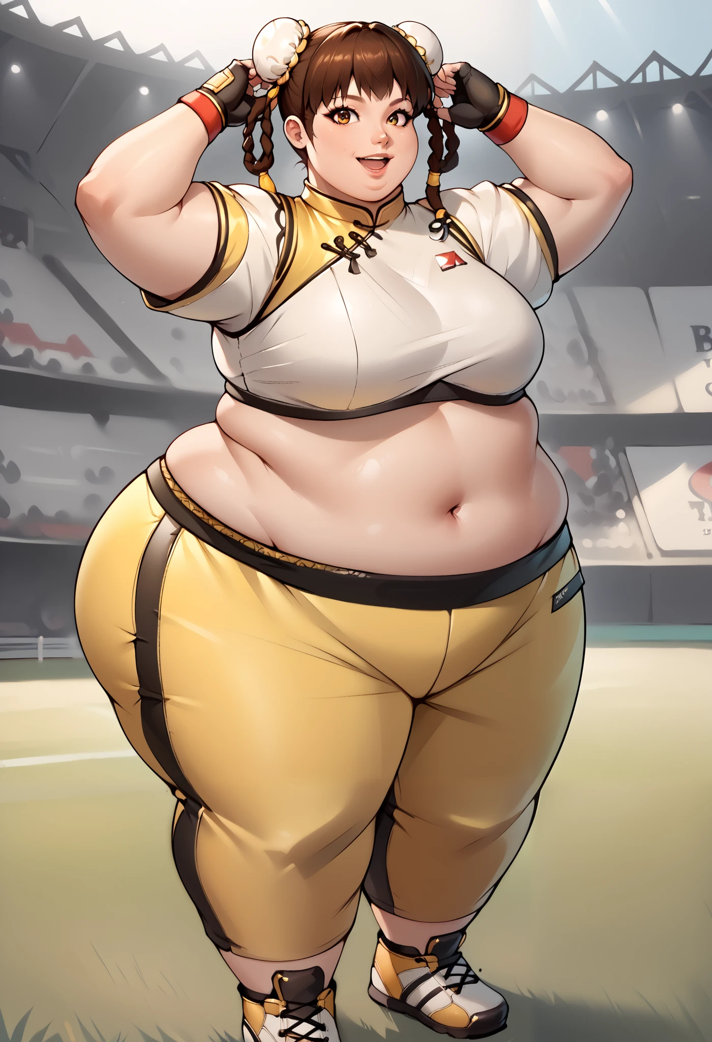 score_9, score_8_up, score_7_up, score_6_up, source_anime, BREAK masterpiece, LeiFangDOA, brown hair,  twin braids, double bun, bun cover, crop top, yellow leggings, short sleeves, fingerless gloves, breasts, smile, open mouth , full body, adjusting hair , smile, parted lips, looking at viewer, stadium