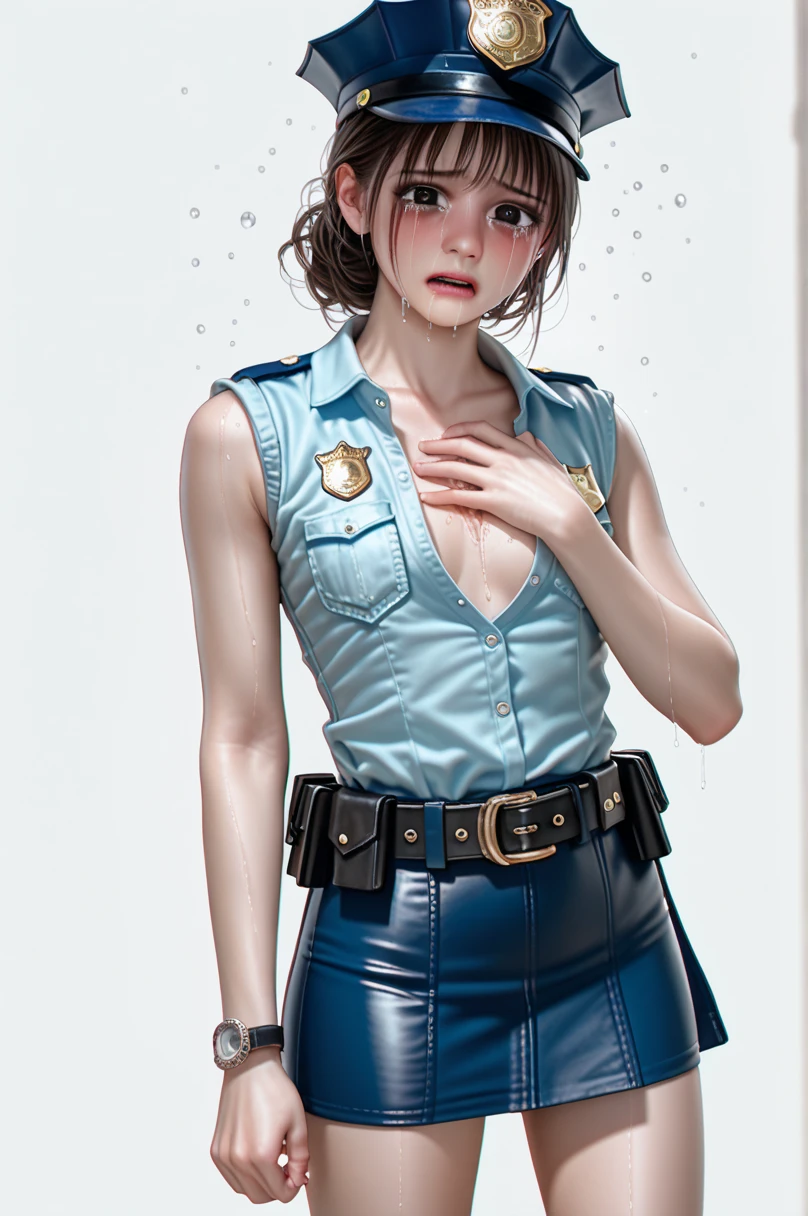  One girl ,Achika Lisa,( viewers:1.0),( slender body:1.2),(Blushed face:1.0),real skin ,small breasts,  shiny hair ,  Super Detailed Black Eyes,( Equipped Police Belt :1.5),( watch ),( frontal shot:1.2),24K,(Standing in a sexy pose:1.2),(Drunk:1.0),(cry:1.5),(mini length police skirt:1.2),(rolled up sleeveless police shirt ),Captivating thighs,( unmanned white background in the center of the screen:1.5),(Naturally :1.0),(( real:1.0)),(( realistic :1.0)),((Piece on chest :1.5)),(( cowboy shot:1.5))