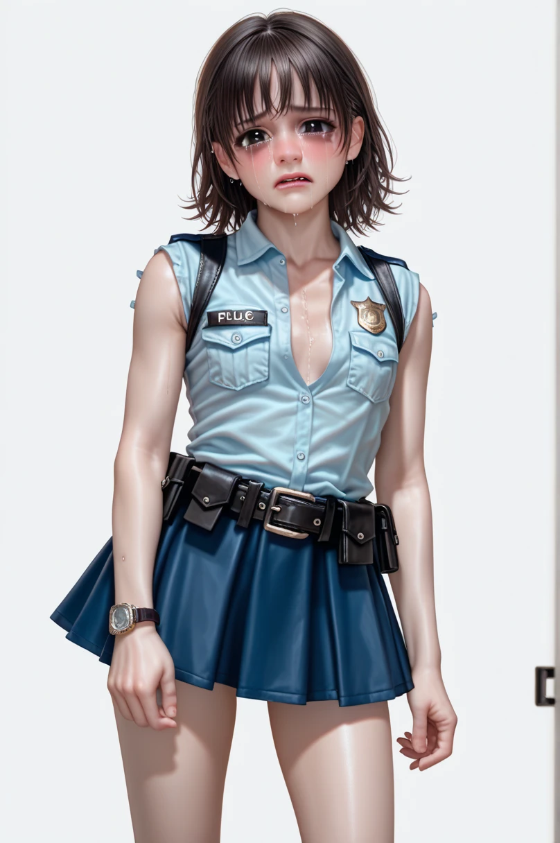  One girl ,Achika Lisa,( viewers:1.0),( slender body:1.2),(Blushed face:1.0),real skin ,small breasts,  shiny hair ,  Super Detailed Black Eyes,( Equipped Police Belt :1.5),( watch ),( frontal shot:1.2),24K,(Standing in a sexy pose:1.2),(Drunk:1.0),(cry:1.5),(mini length police skirt:1.2),(rolled up sleeveless police shirt ),Captivating thighs,( unmanned white background in the center of the screen:1.5),(Naturally :1.0),(( real:1.0)),(( realistic :1.0)),((Piece on chest :1.5)),(( cowboy shot:1.5))