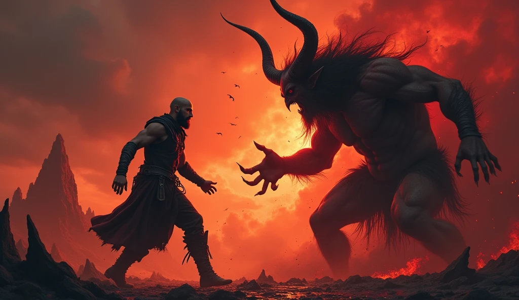 A demon fights a human being and they shout at each other
