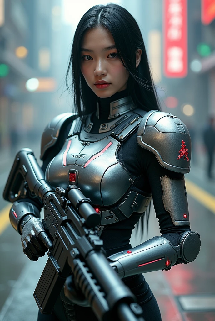 score_9, score_8_up, score_7_up, score_6_up,character_UI, Futuristic Chinese female soldier (Fan Bing Bing, Supermodel, extremely beautiful) in full heavy tactical cyberpunk power armor (metalic silver, empire logo engraved, boots, tactical vest, Sci-Fi neon), police engraved, posing with a tactical assault cannon rifle, Sleek black long hair, perfect result, hyper realistic,mecha armour,Fantasy detailers,1girl