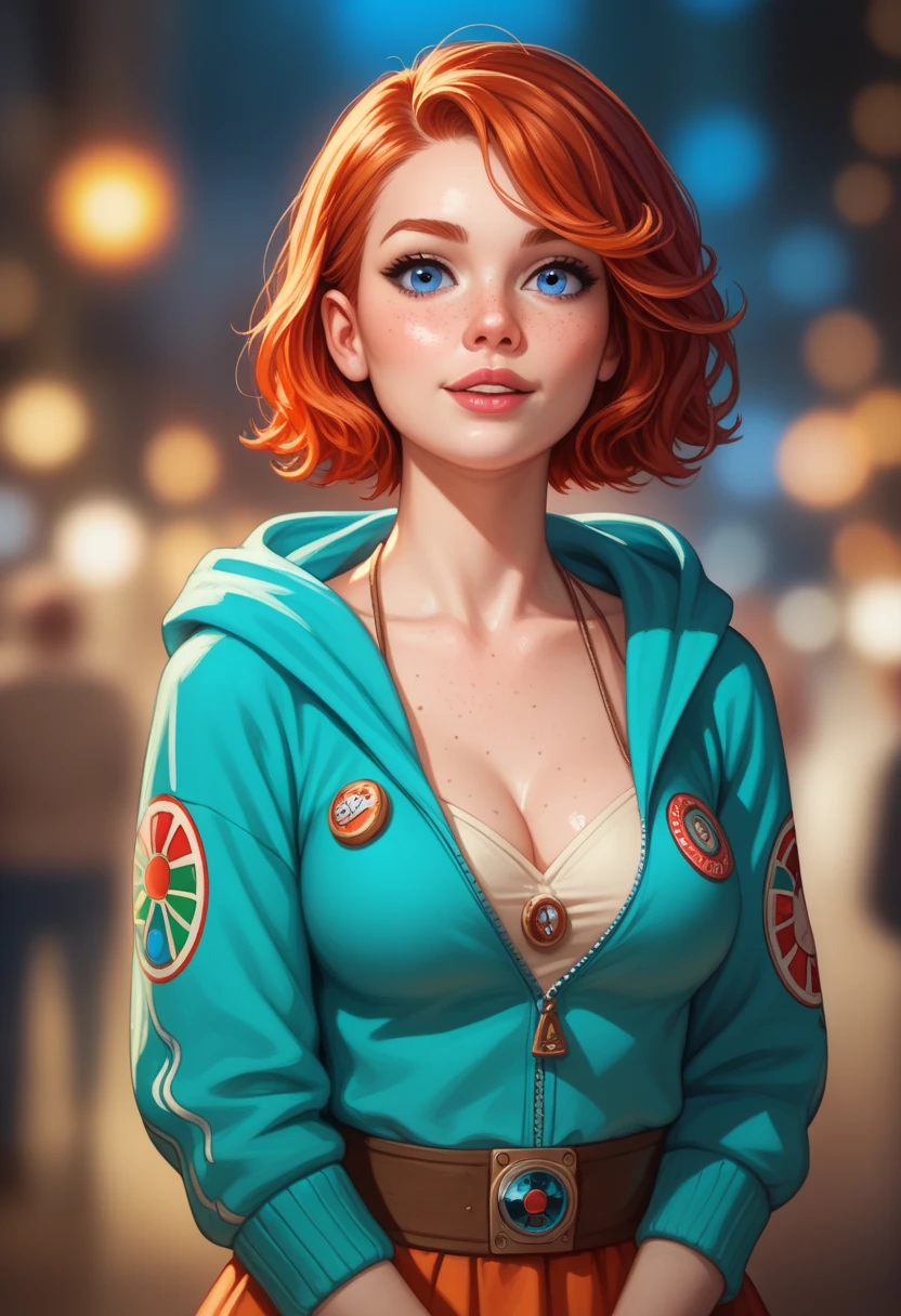 (realistic oil art, image up to the waist, 20-year-old princess, Norwegian, blue eyes, vibrant look, redhead, short hair), ezio auditore tunic, hooded, black, brown, red details, ornaments, freckles on 10% of the cheekbone, perfect face, critical camera, blurred background, warm light, more details in clothing, strong leftovers, mystery pose
