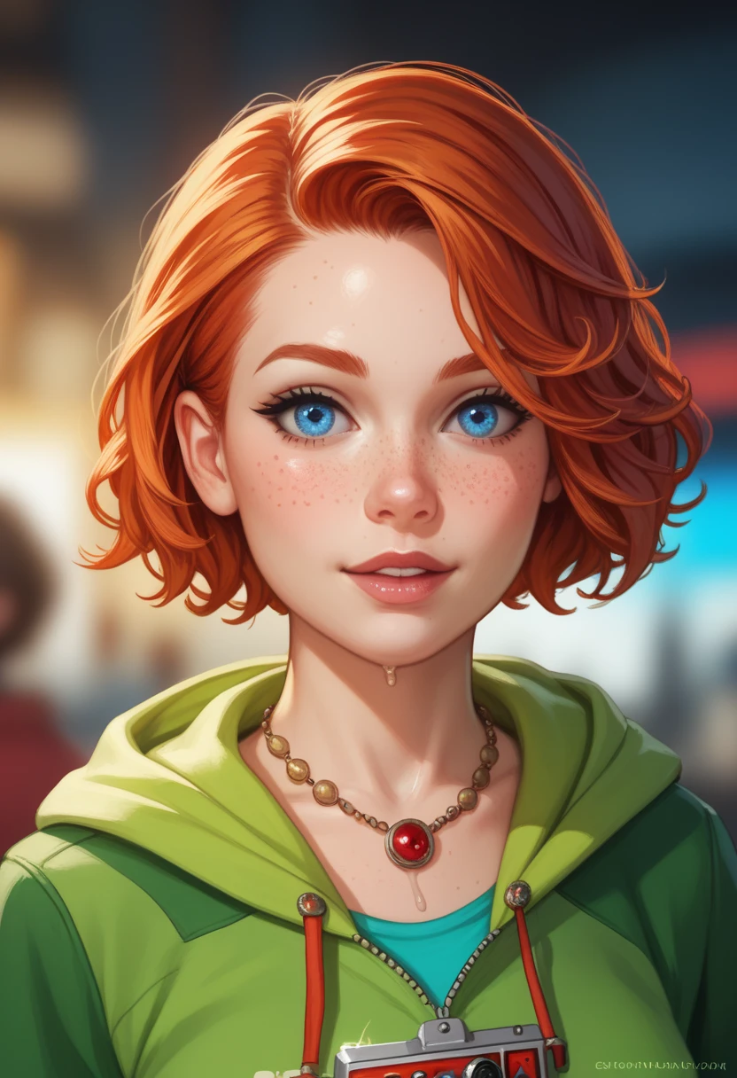 (realistic oil art, image up to the waist, 20-year-old princess, Norwegian, blue eyes, vibrant look, redhead, short hair), ezio auditore tunic, hooded, black, brown, red details, ornaments, freckles on 10% of the cheekbone, perfect face, critical camera, blurred background, warm light, more details in clothing, strong leftovers, mystery pose
