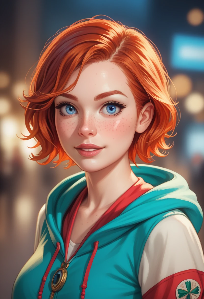 (realistic oil art, image up to the waist, 20-year-old princess, Norwegian, blue eyes, vibrant look, redhead, short hair), ezio auditore tunic, hooded, black, brown, red details, ornaments, freckles on 10% of the cheekbone, perfect face, critical camera, blurred background, warm light, more details in clothing, strong leftovers, mystery pose
