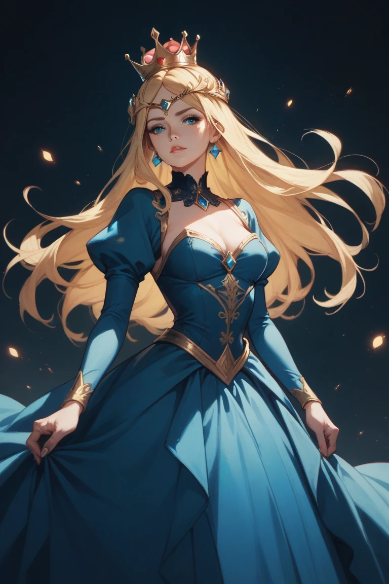 sorceress in a dark blue blonde dress with a crown