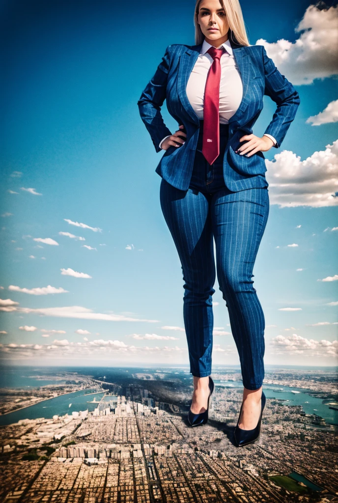 Looking up at the approaching young giantess, Giantess art, 500 miles tall giga giantess, young sophisticated and stylish goth woman in a light blue italian pinstriped trouser suit, form fitting crisp office shirt, and a large wide light blue necktie in a windsor knot, with a beautiful, curvaceous figure, large natural breasts, and long wavey blonde hair, with a curvaceous figure and massive breasts. wearing blue rounded court high heels with uncovered feet and standing, rampage-like pose, with a city skyscrapers background of mega-city, skyscapers, partially obscured by a hazy, cloudy atmosphere. The image is a high-resolution, masterpiece-quality, cinematic, ultra-detailed, and hyper-photorealistic photograph, with perfect hands, face, and lighting. ultra-detailed, 8K, photo-realistic, hyper-realistic, masterpiece, intricate details, full body view. Looking at camera, The image is a high-resolution, masterpiece-quality, cinematic, ultra-detailed, and hyper-photorealistic photograph, with perfect hands, face, and lighting. ultra-detailed, 8K, photo-realistic, hyper-realistic, masterpiece, intricate details,