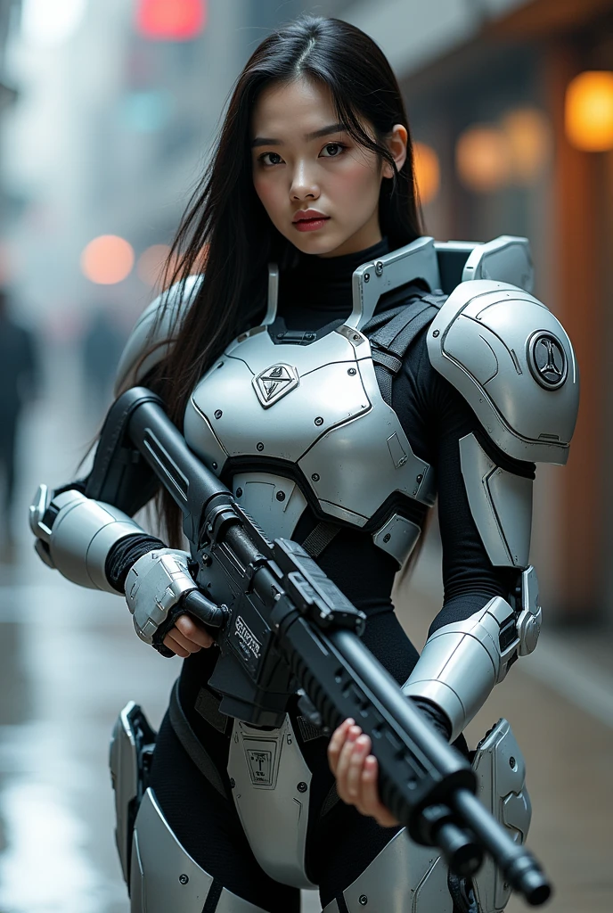 score_9, score_8_up, score_7_up, score_6_up,character_UI, Futuristic Chinese female soldier (Fan Bing Bing, Supermodel, extremely beautiful) in full heavy tactical cybertech power armor (metalic silver, empire logo engraved, boots, heavy tactical vest, warhammer), police engraved, posing with a tactical assault cannon rifle, Sleek black long hair, perfect result, hyper realistic,mecha armour,Fantasy detailers,1girl