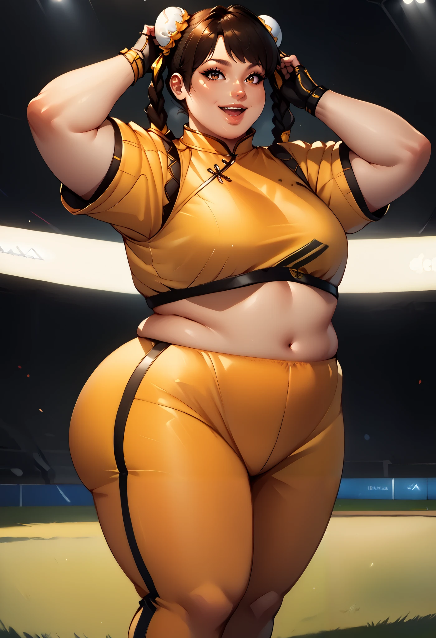 score_9, score_8_up, score_7_up, score_6_up, source_anime, BREAK masterpiece, LeiFangDOA, brown hair,  twin braids, double bun, bun cover, crop top, yellow leggings, short sleeves, fingerless gloves, breasts, smile, open mouth , full body, adjusting hair , smile, parted lips, looking at viewer, stadium